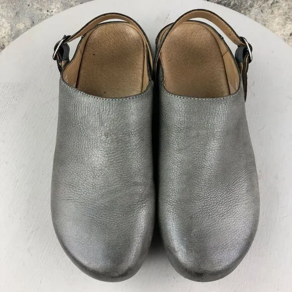 Dansko Women's Size 38 (7.5-8) Berry Pewter Grey Leather Slingback Clogs Mules