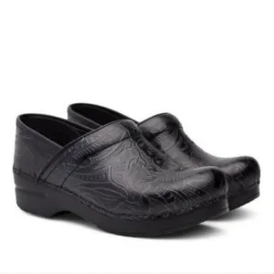 Dansko Professional Black Tooled Leather Stapled Slip-on Nursing Boho Clogs 40