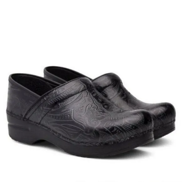 Dansko Professional Black Tooled Leather Stapled Slip-on Nursing Boho Clogs 40
