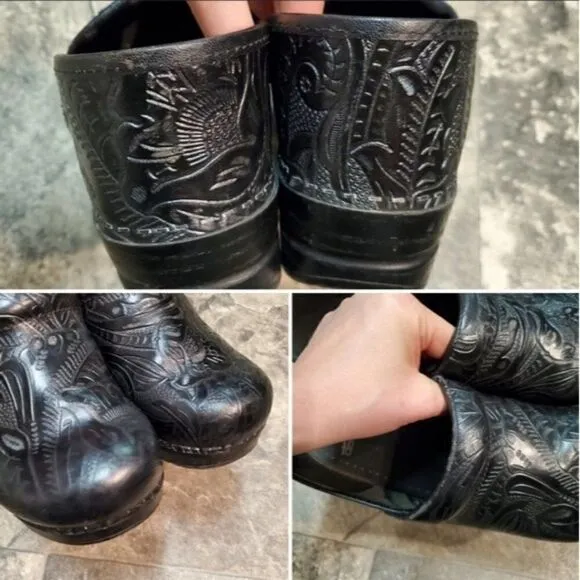Dansko Professional Black Tooled Leather Stapled Slip-on Nursing Boho Clogs 40