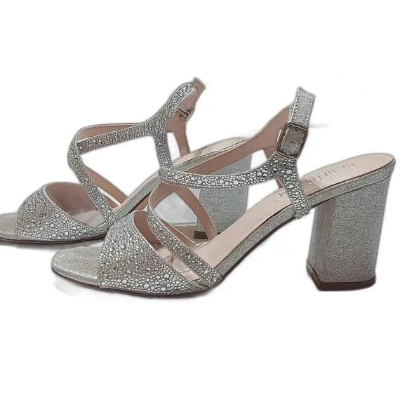 DE BLOSSOM COLLECTION SILVER RHINESTONE‎ OPEN TOE CHUNKY 3&quot; HEELS SIZE 8