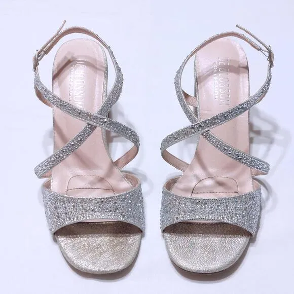 DE BLOSSOM COLLECTION SILVER RHINESTONE‎ OPEN TOE CHUNKY 3&quot; HEELS SIZE 8
