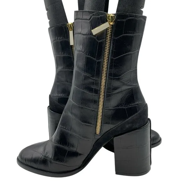 Dear Frances Black Croc Leather Spirit Boots Block Heels Women’s Sz 39 EU 8.5