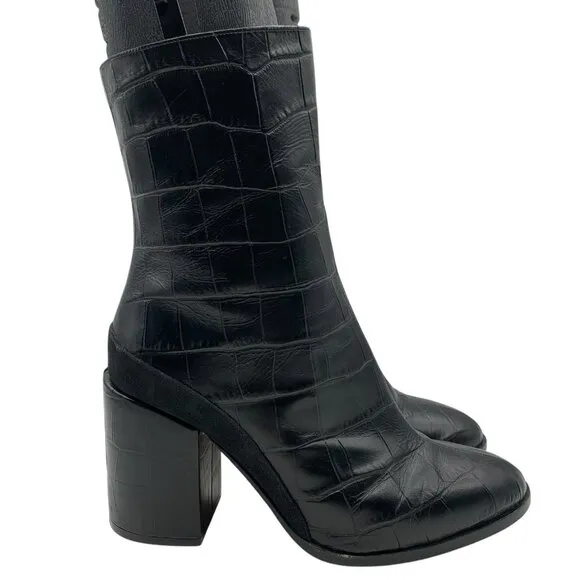 Dear Frances Black Croc Leather Spirit Boots Block Heels Women’s Sz 39 EU 8.5