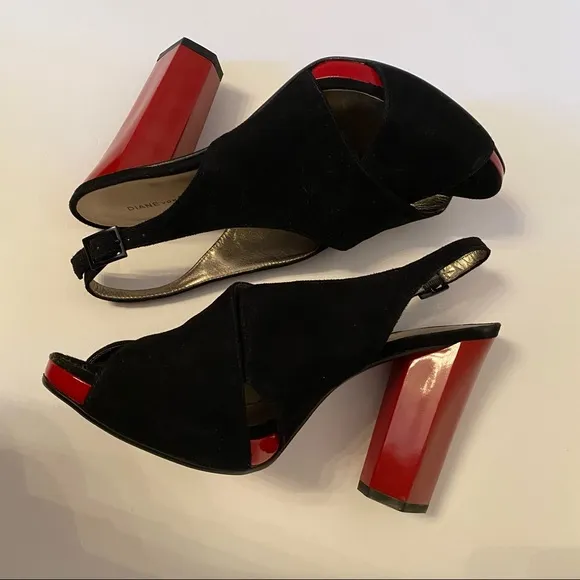 DIANE VON FURSTENBERG NEW HEELS BLACK SUEDE RED PATENT LEATHER PLATFORM Size 7.5
