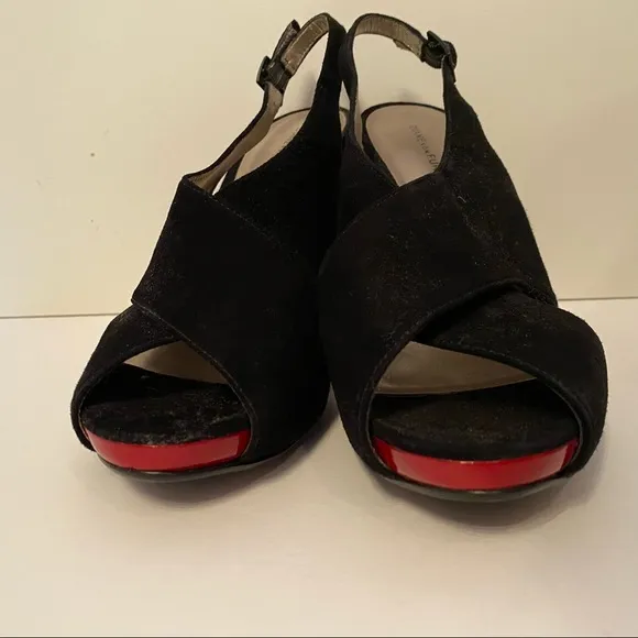 DIANE VON FURSTENBERG NEW HEELS BLACK SUEDE RED PATENT LEATHER PLATFORM Size 7.5