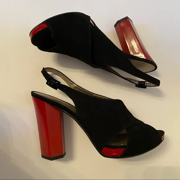 DIANE VON FURSTENBERG NEW HEELS BLACK SUEDE RED PATENT LEATHER PLATFORM Size 7.5