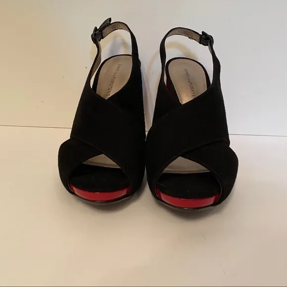 DIANE VON FURSTENBERG NEW HEELS BLACK SUEDE RED PATENT LEATHER PLATFORM Size 7.5