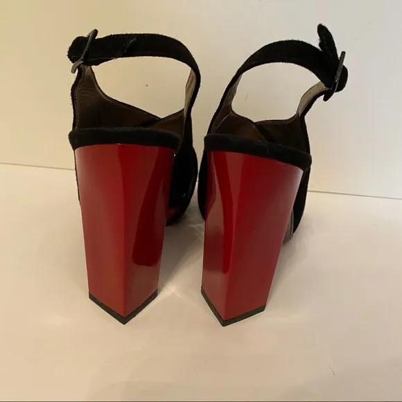 DIANE VON FURSTENBERG NEW HEELS BLACK SUEDE RED PATENT LEATHER PLATFORM Size 7.5
