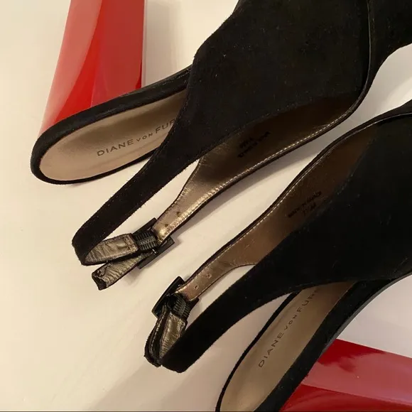 DIANE VON FURSTENBERG NEW HEELS BLACK SUEDE RED PATENT LEATHER PLATFORM Size 7.5