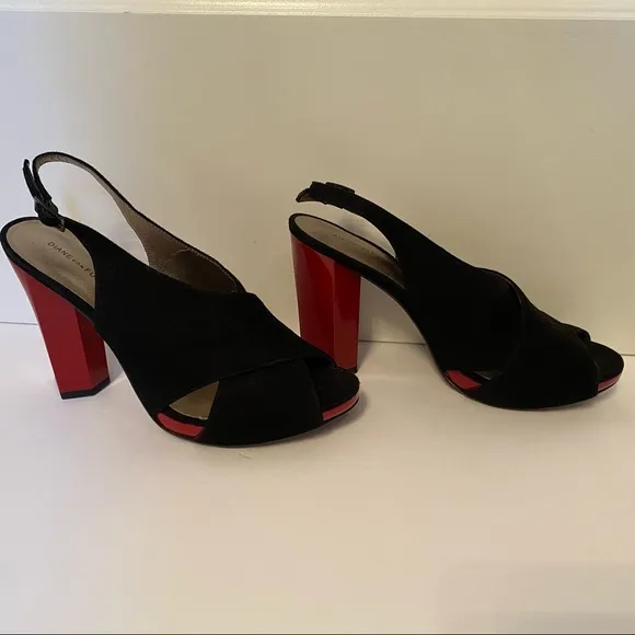 DIANE VON FURSTENBERG NEW HEELS BLACK SUEDE RED PATENT LEATHER PLATFORM Size 7.5