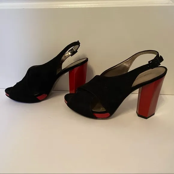 DIANE VON FURSTENBERG NEW HEELS BLACK SUEDE RED PATENT LEATHER PLATFORM Size 7.5