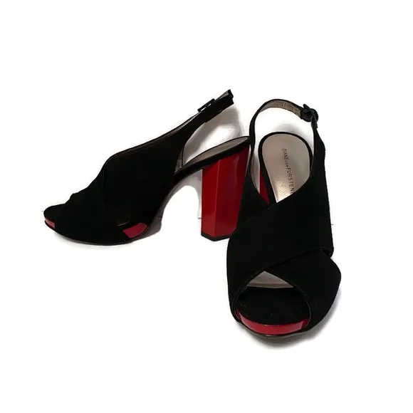 DIANE VON FURSTENBERG NEW HEELS BLACK SUEDE RED PATENT LEATHER PLATFORM Size 7.5