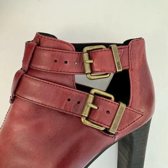 Diesel High Heel Booties Peep-Toe Dark Red Combat Sole | Size US 9