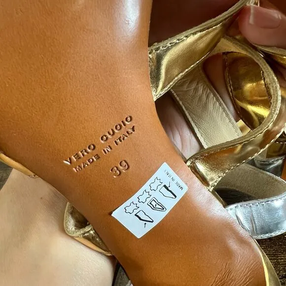 Dirk Bikkembergs Dress Sandals Pumps 8 Gold Silver Ankle Strap Stiletto Open Toe
