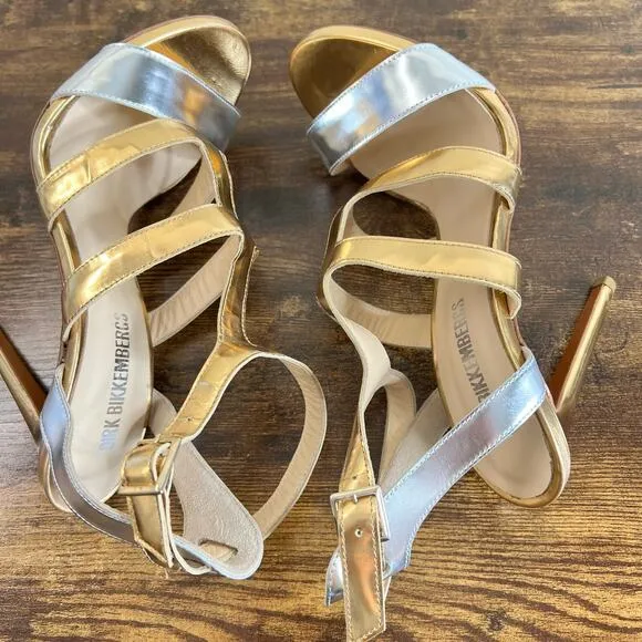 Dirk Bikkembergs Dress Sandals Pumps 8 Gold Silver Ankle Strap Stiletto Open Toe