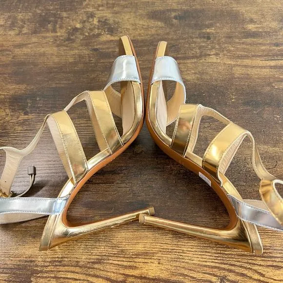 Dirk Bikkembergs Dress Sandals Pumps 8 Gold Silver Ankle Strap Stiletto Open Toe
