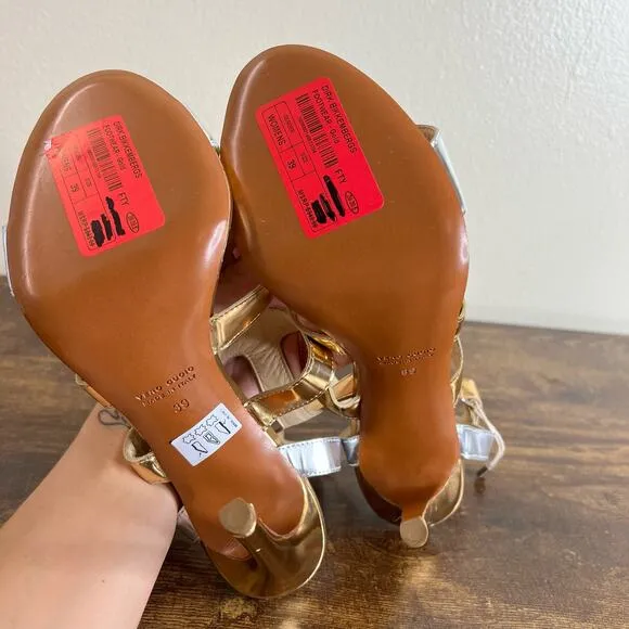 Dirk Bikkembergs Dress Sandals Pumps 8 Gold Silver Ankle Strap Stiletto Open Toe