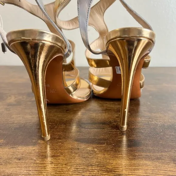 Dirk Bikkembergs Dress Sandals Pumps 8 Gold Silver Ankle Strap Stiletto Open Toe