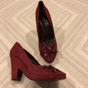 DKNY Maroon Laurel Flowered Suede Peep Toe Heels