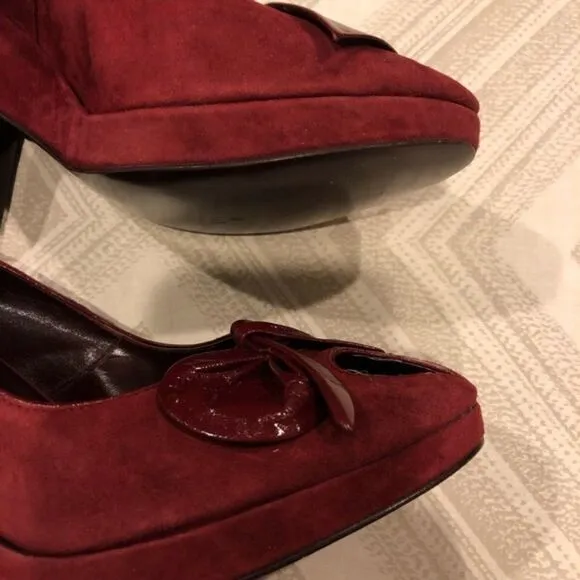 DKNY Maroon Laurel Flowered Suede Peep Toe Heels