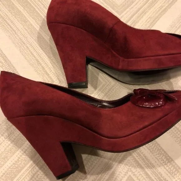 DKNY Maroon Laurel Flowered Suede Peep Toe Heels