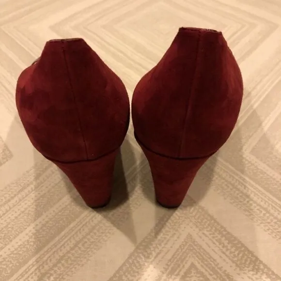 DKNY Maroon Laurel Flowered Suede Peep Toe Heels