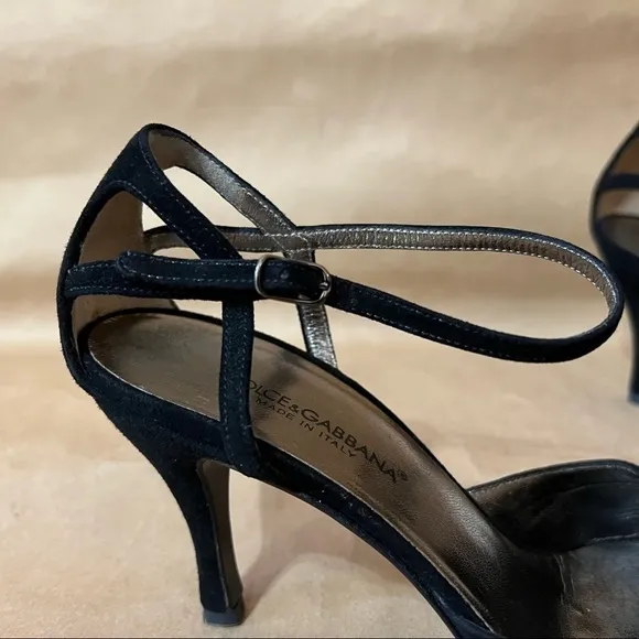 Dolce &amp; Gabbana | Suede Ankle Strap Almond Toe Heels Black Size 7.5 (EU 37.5)