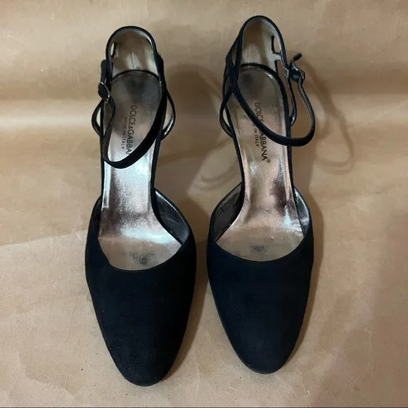 Dolce &amp; Gabbana | Suede Ankle Strap Almond Toe Heels Black Size 7.5 (EU 37.5)