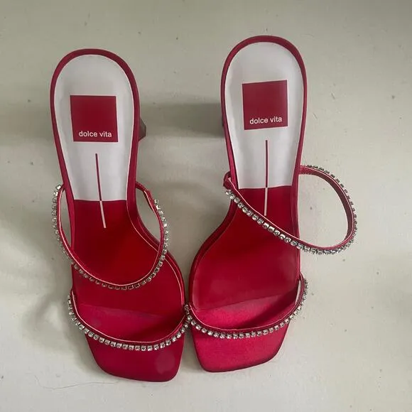 Dolce Vita Rhinestone Embellished Dual Strap Satin Sandals Red Size 9