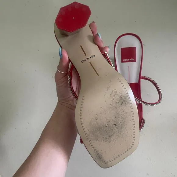 Dolce Vita Rhinestone Embellished Dual Strap Satin Sandals Red Size 9
