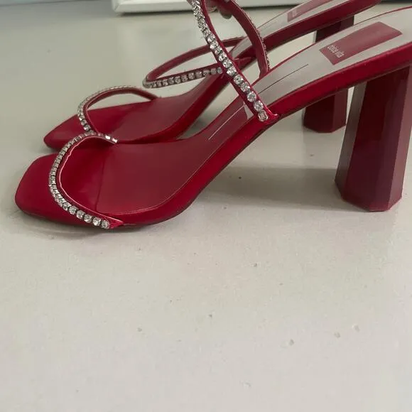 Dolce Vita Rhinestone Embellished Dual Strap Satin Sandals Red Size 9