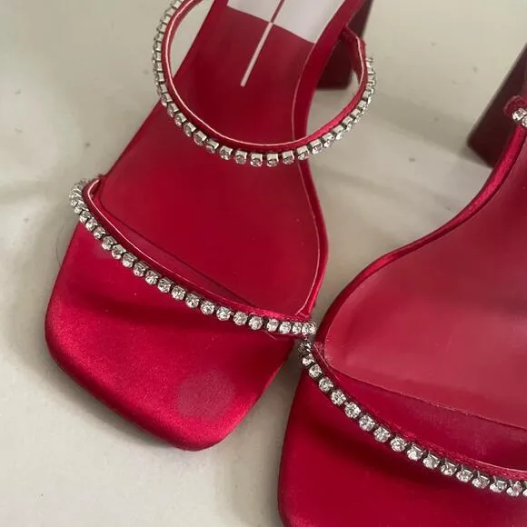 Dolce Vita Rhinestone Embellished Dual Strap Satin Sandals Red Size 9