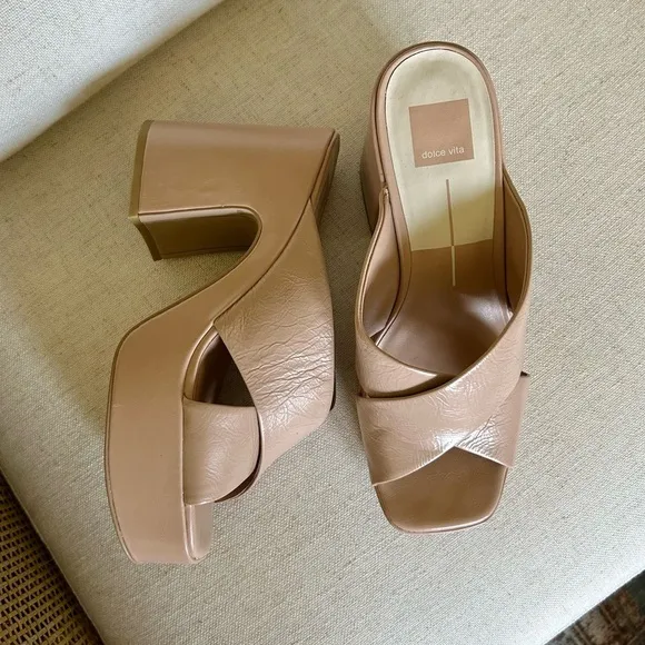 Dolce Vita Wonder Platform Leather Criss Cross Heels in Blush Nude
