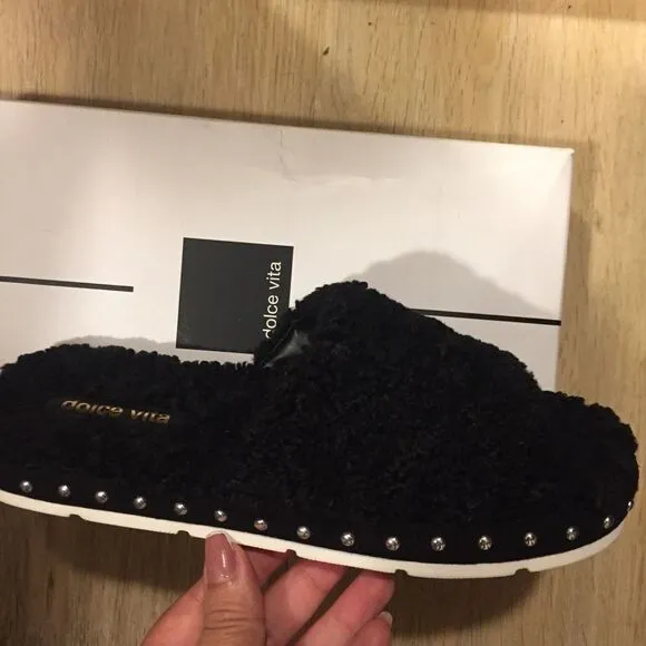 Dolce Vita New Black Fuzzy Slides Studded 8