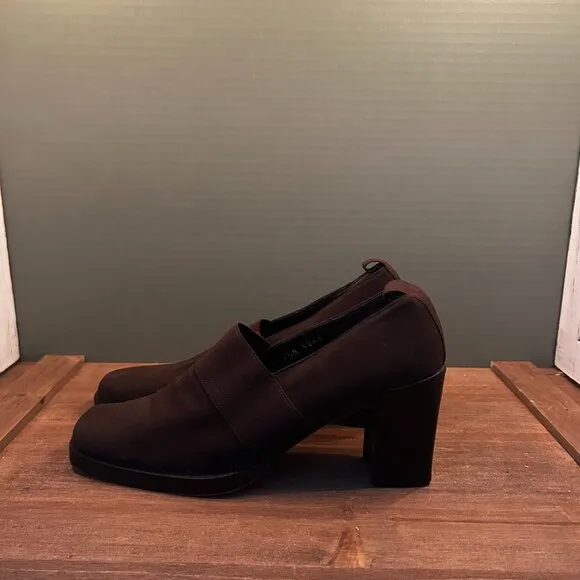 Donald J Pliner Womens Loafer Brown Fabric Block Heels Square Toe Slip On 7.5