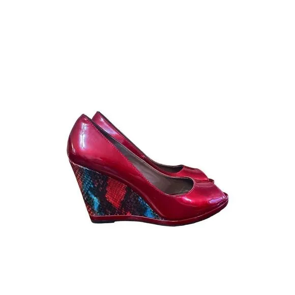 Donald Pliner // Red Habiki Wedge Peep Toe Heels Size 8.5