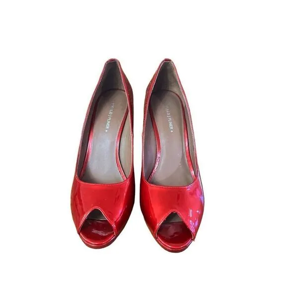 Donald Pliner // Red Habiki Wedge Peep Toe Heels Size 8.5