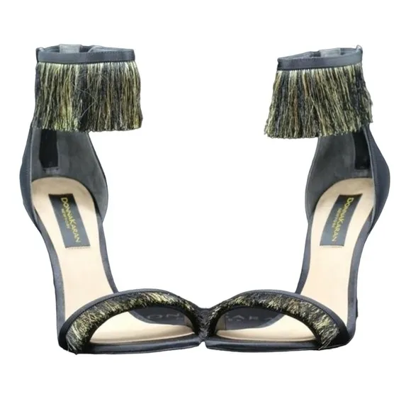 Donna Karan Val Black and Gold Fringe Heels. New with Box in sz 7.5