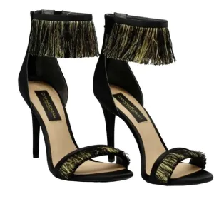 Donna Karan Val Black and Gold Fringe Heels. New with Box in sz 7.5