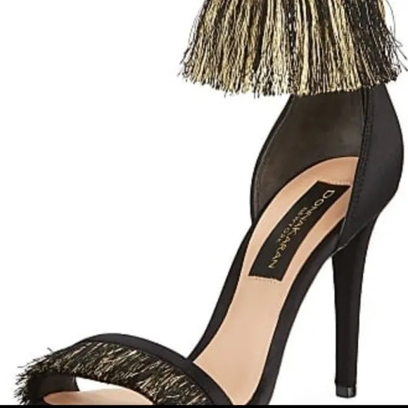 Donna Karan Val Black and Gold Fringe Heels. New with Box in sz 7.5