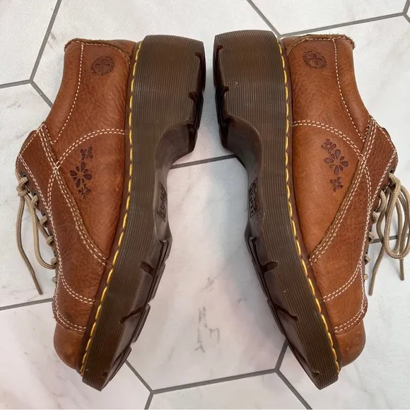 Dr. Martens Chunky Vtg 90s Light Brown Leather Daisy Flower 12283 Oxfords Sz 9
