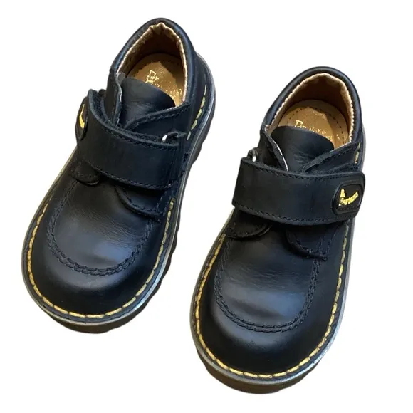 Dr. Martens ‘The Original’ Boys Black Leather Hook &amp; Loop Velcro Closure Oxfords