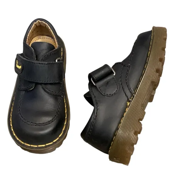 Dr. Martens ‘The Original’ Boys Black Leather Hook &amp; Loop Velcro Closure Oxfords