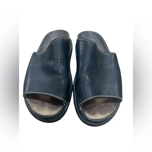 DR MARTENS Vintage Black Genuine Leather Slides Chunky Y2K Sole Sandals Shoes B6