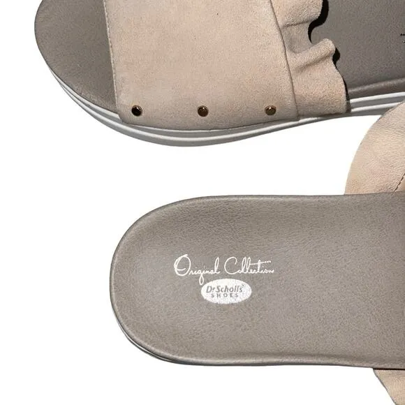 Dr. Sholl’s Beige Ruffled Sport Leather Slides Sandals Scout Slip On Size 8.5
