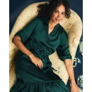 Draper James XL Martina Midi Dress Hammered Satin Emerald Green