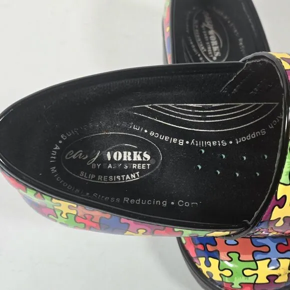 Easy Works Easy Street Clogs Lyndee Puzzle Pieces Women 10W Autism Awareness