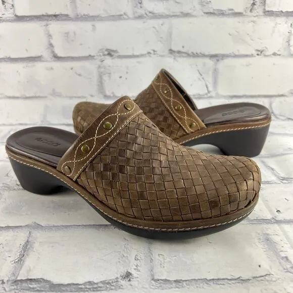 ECCO Leather Mules Women’s 39 (US 8 - 8.5 ) Brown Basket Weave Clog Studded