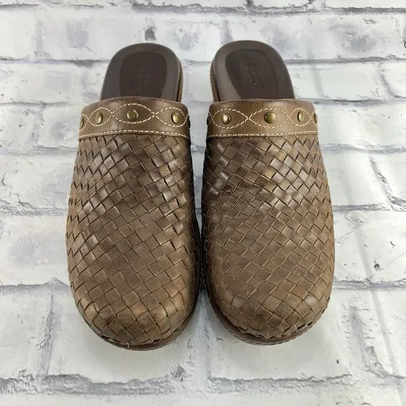 ECCO Leather Mules Women’s 39 (US 8 - 8.5 ) Brown Basket Weave Clog Studded